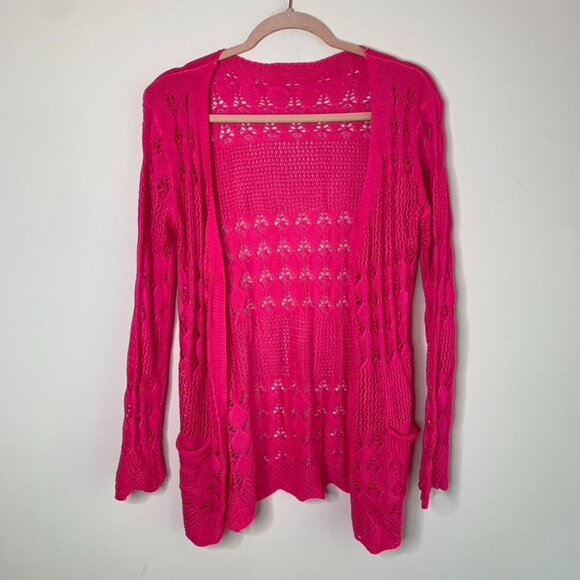 Women's Pink Crochet Knit Cardigan Sweater Pink Open front Boho Chic - Picture 1 of 10